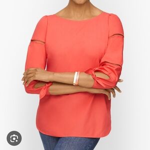 Talbots Petite Plus 2X Tie Detail Poplin Top blouse ladder trim Coral Cotton